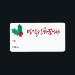 Etiqueta Holly Berry Merry Christmas Script Gift Label<br><div class="desc">Leyenda a mano con el guión de Feliz Navidad en las etiquetas de regalo festivas rojas y rojas. Características,  adorable acento holly y berry.</div>