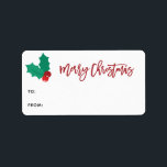 Etiqueta Holly Berry Merry Christmas Script Gift Label<br><div class="desc">Leyenda a mano con el guión de Feliz Navidad en las etiquetas de regalo festivas rojas y rojas. Características,  adorable acento holly y berry.</div>