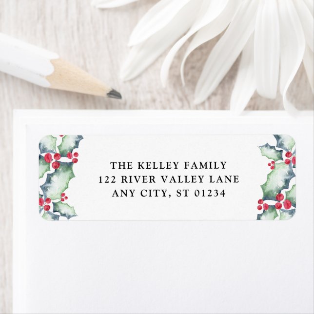 Etiqueta Holly de acuarela verde y roja, vacaciones (In situ)