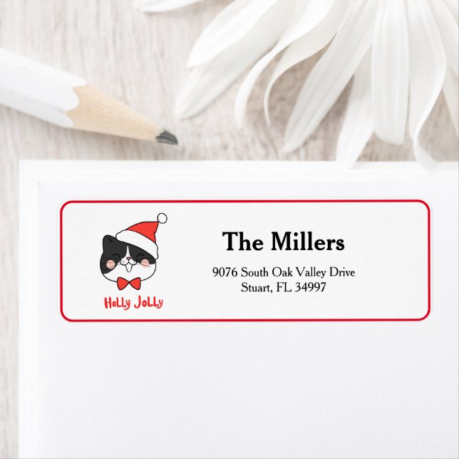 Etiqueta Holly Jolly Cute Navidades Santa Cat Dirección (In situ)