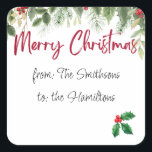 Etiqueta Holly Merry Christmas con nombres editabl<br><div class="desc">Alegre pegatina de Feliz Navidad con nombres editables. Festividades y bayas.</div>