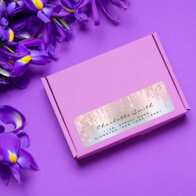 Etiqueta Holograma de dirección de retorno rosado Rosa con  (Sparkly Drips Rose Pink Return Address Holograph Label)