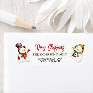 Etiqueta Hombre de nieve lindo Feliz Navidad verde rojo