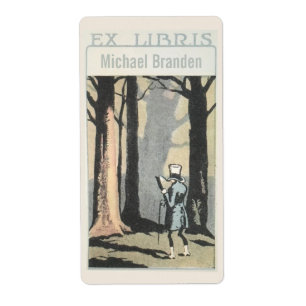 Etiqueta Hombre Vintage leyendo en Woods Ex Libris Bookplat