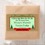 Etiqueta Homespun Burlap with Holiday Trees Framed Gift<br><div class="desc">Created for the Holiday gift giving season this label features a homespun burlap style background with a red and green frame. A red banner across the bottom and two Holiday trees tucked into each corner. There are 5 sections of customizable text in two font styles all in a very dark...</div>