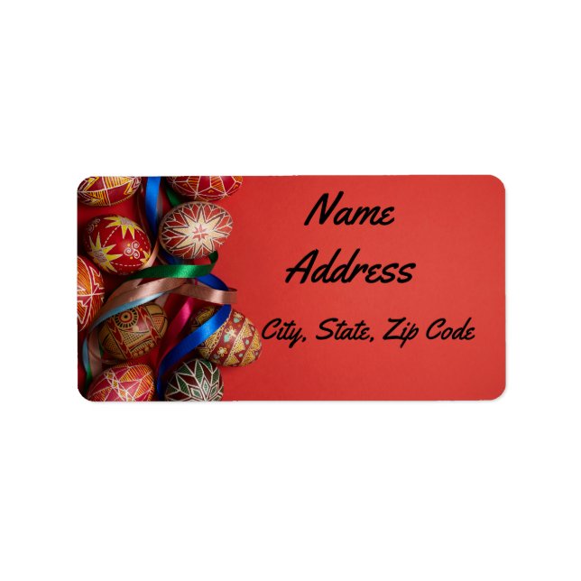 Etiqueta Huevos decorados sobre un fondo rojo (Frente)