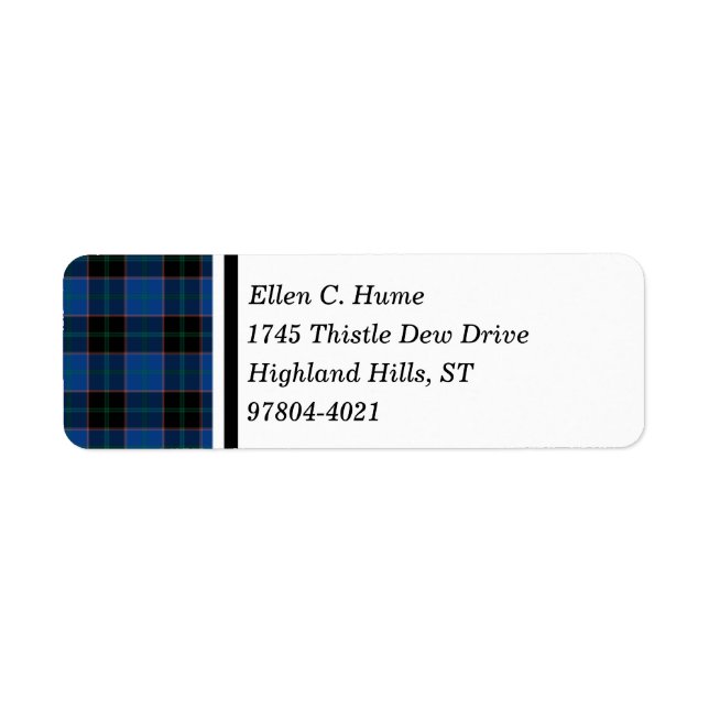 Etiqueta Hume Clan Royal Blue y Black Scottish Tartán (Frente)