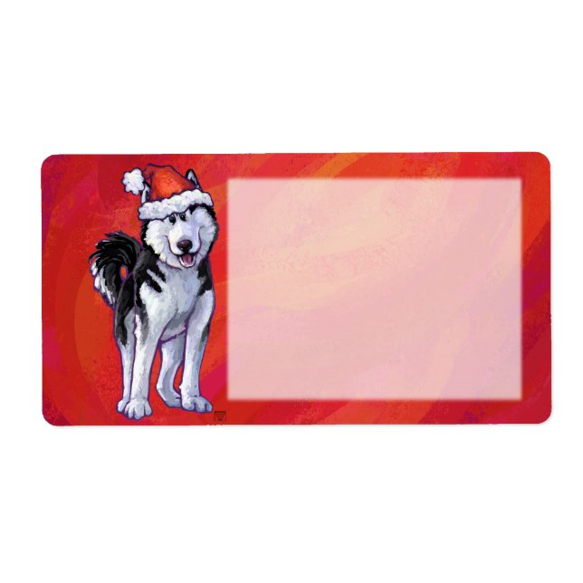 Etiqueta Husky en Santa Hat en rojo (Frente)