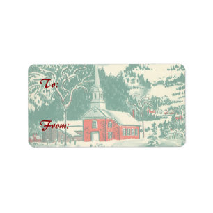 Etiqueta Iglesia de Navidad Vintage, paisaje nevado en invi