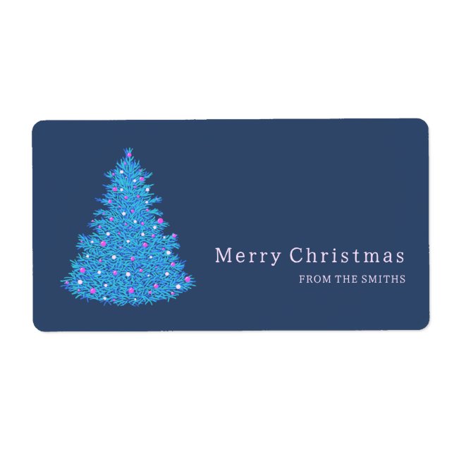 Etiqueta ilustración de árbol de Navidad azul (Frente)