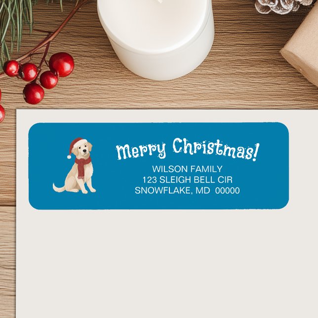 Etiqueta Ilustracion de Perro Azul Feliz Navidad Dirección (Blue Dog Illustration Merry Christmas Address Label)