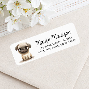 Etiqueta Ilustración en acuarela de perro pug con dirección