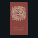 Etiqueta ilustración hojas abeto corona de Navidad rojo<br><div class="desc">Esta etiqueta de Navidad combina elegancia, un estilo clásico y un diseño minimalista para crear una pieza atemporal. Presenta una delicada ilustración de una corona de Navidad hecha con hojas de abeto sobre un fondo rojo. El diseño incluye un texto personalizable con la frase "Merry Christmas" al que, además, puedes...</div>
