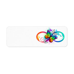 Etiqueta Infinidad brillante con la mariposa arcoiris