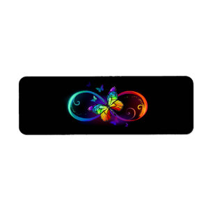 Etiqueta Infinidad vibrante con mariposa arco iris sobre ne