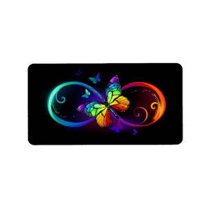 Etiqueta Infinidad vibrante con mariposa arco iris sobre ne
