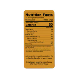 Etiqueta Información sobre hechos de nutrición de miel de á