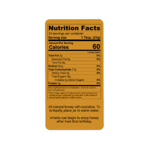 Etiqueta Información sobre hechos de nutrición de miel de á