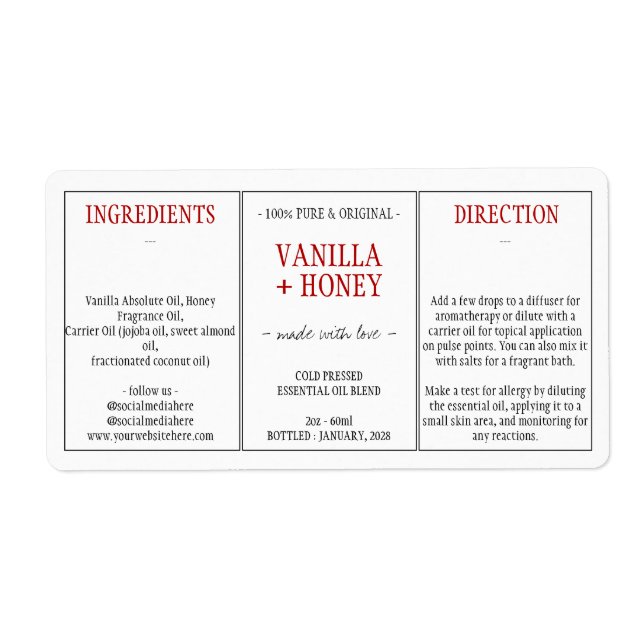 Etiqueta Ingredientes de miel de vainilla cosmética (Frente)