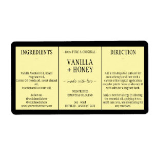 Etiqueta Ingredientes de miel de vainilla cosmética amarill