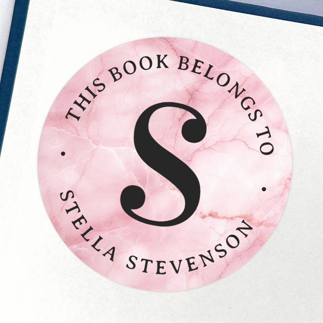 Etiqueta inicial del libro de la biblioteca de már (Monogram initial pink marble library book label)