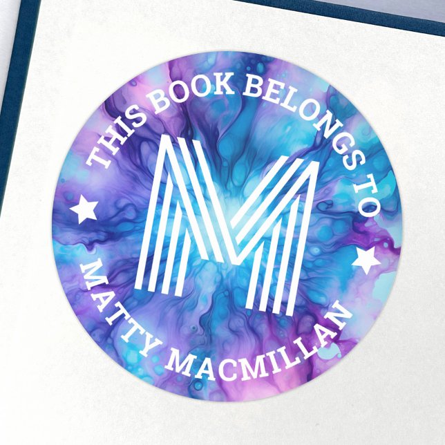 Etiqueta inicial del libro para niños morados azul (Monogram initial blue purple kids book label)