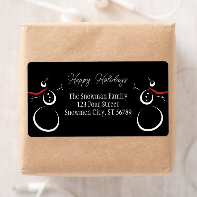 Etiqueta Invierno lindo Snowmen Felices Fiestas Negro (In situ)