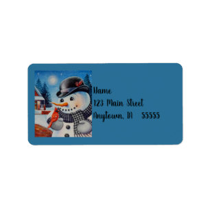 Etiqueta Invierno Snowman y el Cardenal Rojo Bird Watercolo