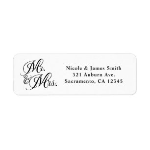 Etiqueta Invitación de boda con guión Mr. & Mrs. negro blan