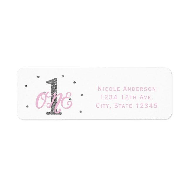 Etiqueta Invitación de cumpleaños número 1 de Pink Silver G (Frente)