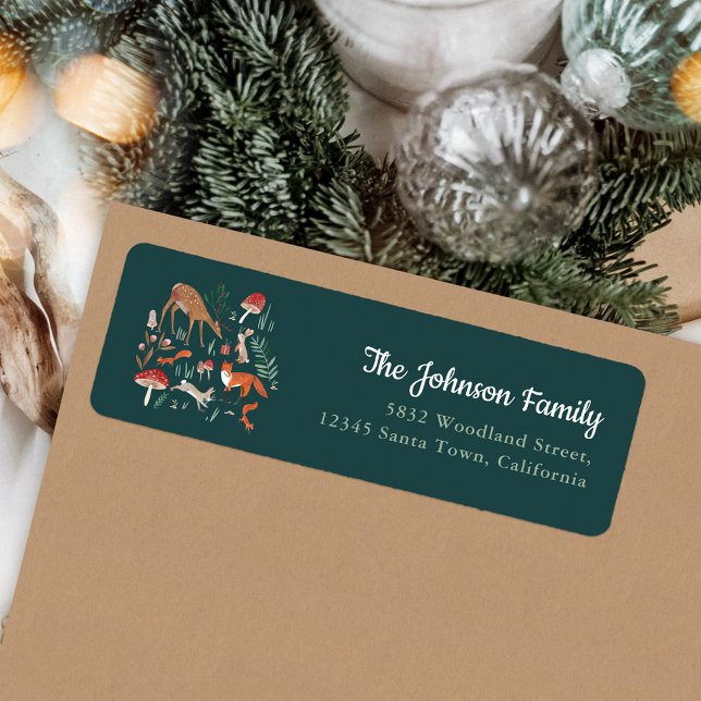 Etiqueta Invitación de fiesta de Navidad verde de animales  (Woodland Animals Green Christmas Party Invitation Label)