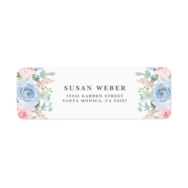 Etiqueta Invitación floral a acuarela azul y rosa negro (Frente)