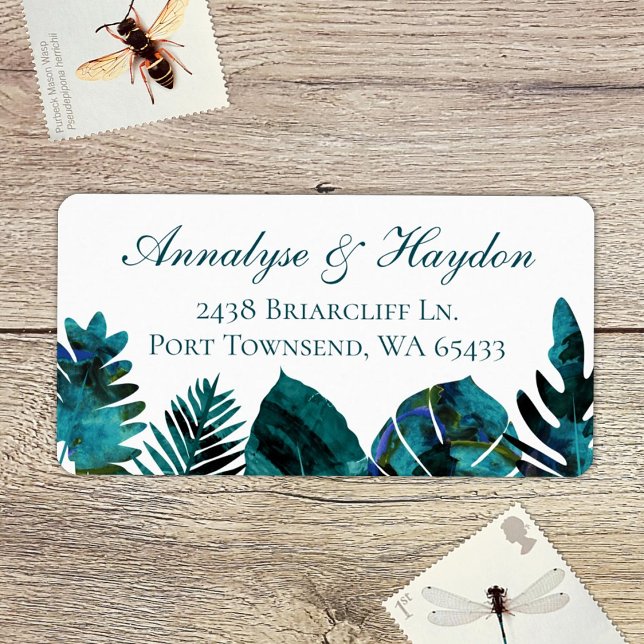 Etiqueta Isla Tropical Verde azulada deja dirección Boda (tropical teal green, aquamarine island palm leaves, monstera, ferns address labels for rsvp cards)