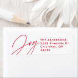 Etiqueta Joy script red Christmas holiday return address La<br><div class="desc">This Christmas card return address label features a modern script Joy along with room for a name and address. Perfect for a variety of holiday cards, this address label is a bright red type on white but also comes in other colors. Send holiday cheer and dress up your holiday envelope...</div>
