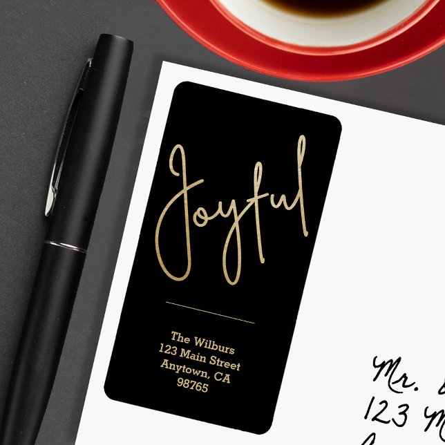 Etiqueta JOYFUE Gold Faux Relieve metalizado Navidades negr (JOYFUL Faux Gold Foil on Black Return Address Labels)