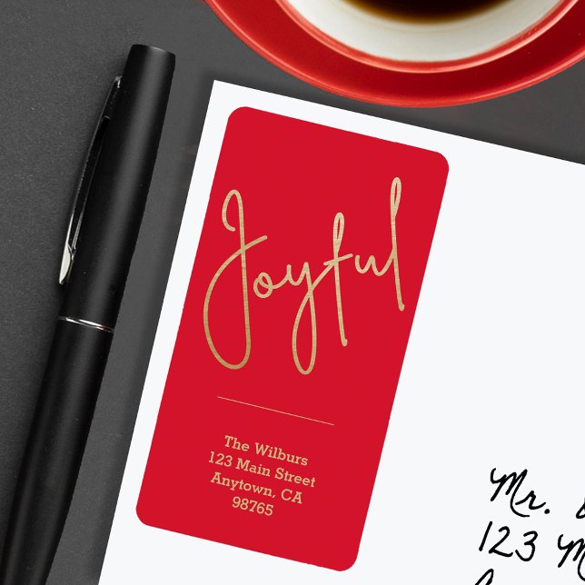 Etiqueta JOYFUE Gold Faux Relieve metalizado Navidades rojo (JOYFUL Faux Gold Foil on Red  Return Address Labels)