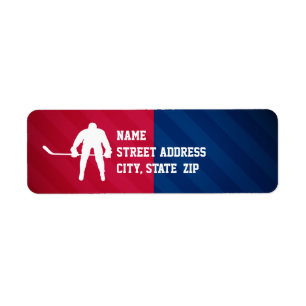 Etiqueta Jugador de hockey; rojo, blanco y azul