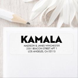 Etiqueta Kamala moderna y audaz tipografía en blanco y negr