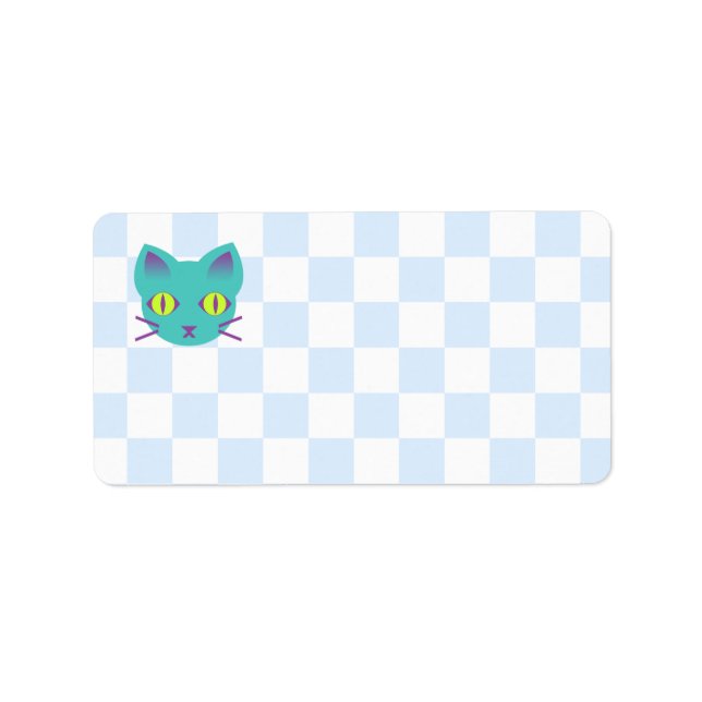 Etiqueta Kawaii Anime Kitty Cat Blue & White Checkerboard (Frente)