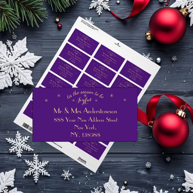 Etiqueta La dirección "es la estación para ser alegre" (Joyful Purple & Gold 'tis the season' mailing labels. Perfect for gift tagging, mailing and labeling)