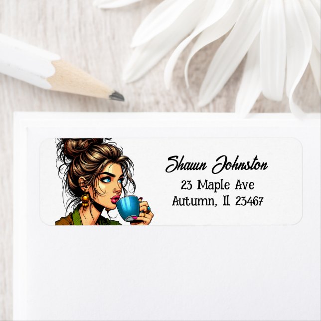 Etiqueta Lady in Messy Bun bebiendo café (In situ)