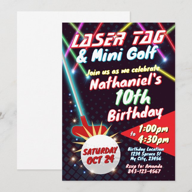 Etiqueta láser neón y invitación de cumpleaños min (Anverso / Reverso)