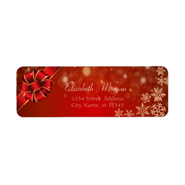Etiqueta Lazo Rojo Elegante, Copos de Nieve (Frente)