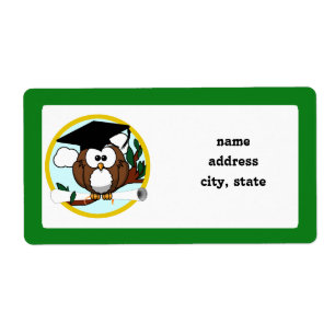 Etiqueta Lechuza con gorro y diploma - verde y oro