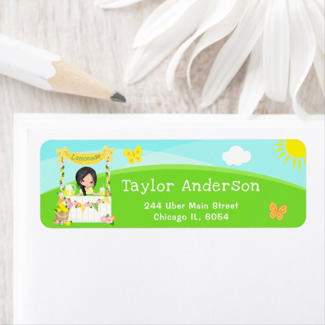 Etiqueta Lemonade Stand Birday Black Hair Chica (In situ)