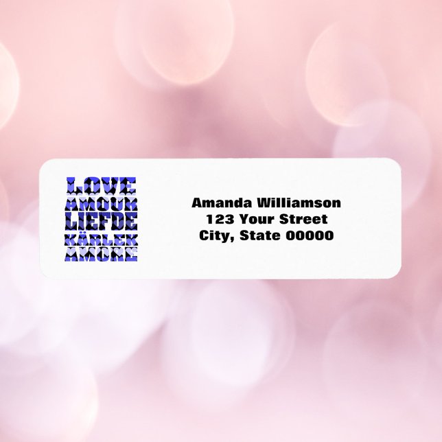 Etiqueta Lenguas de amor Dirección de devolución personaliz (A return address label that says love with blue hearts along with text you can personalize!)