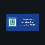 Etiqueta León de Judá Emblema Jerusalén Hebreo<br><div class="desc">Etiqueta de dirección azul real de 1.25" x 2.375" con una imagen de un León azul y amarillo del emblema de Judah sobre blanco en un marco azul turquesa y azul real. Ver confeti, pegatina redondo y papel envolvente. Vea toda la colección Hanukkah Label en la categoría OFFICE de la...</div>