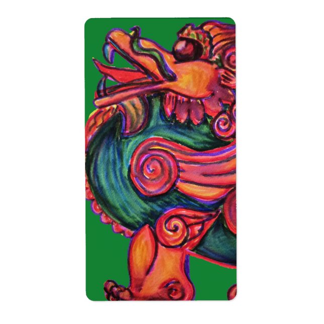 Etiqueta león rojo chino sobre verde (Frente)
