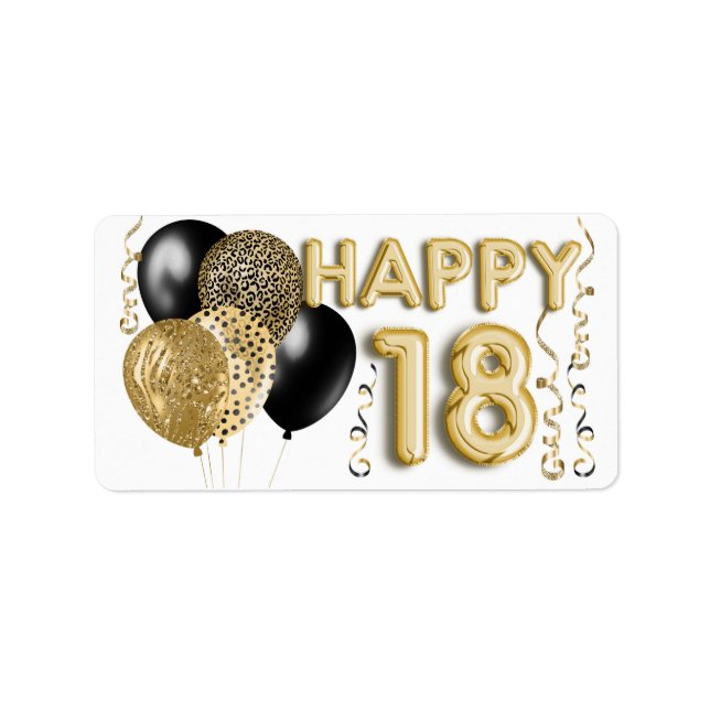 Etiqueta Leopard Black Gold Balloons 18 cumpleaños (Frente)