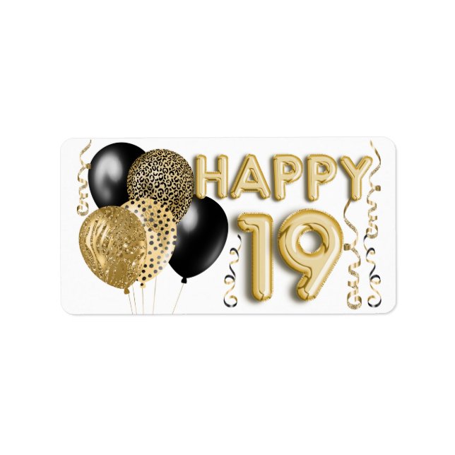 Etiqueta Leopard Black Gold Balloons 19 cumpleaños (Frente)